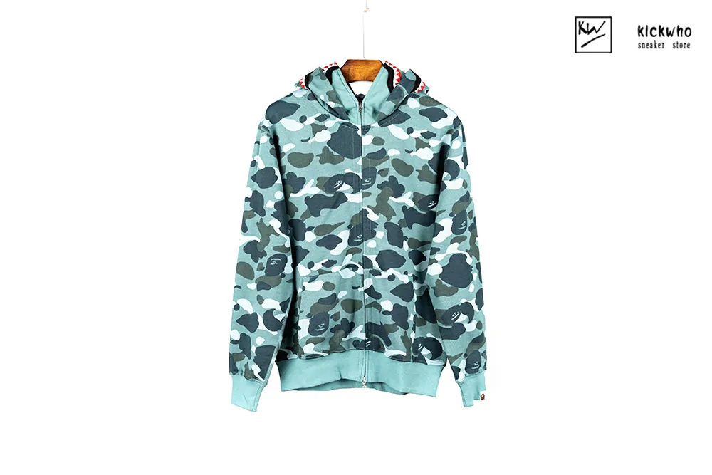 bape camo shark wide full zip double hoodie green