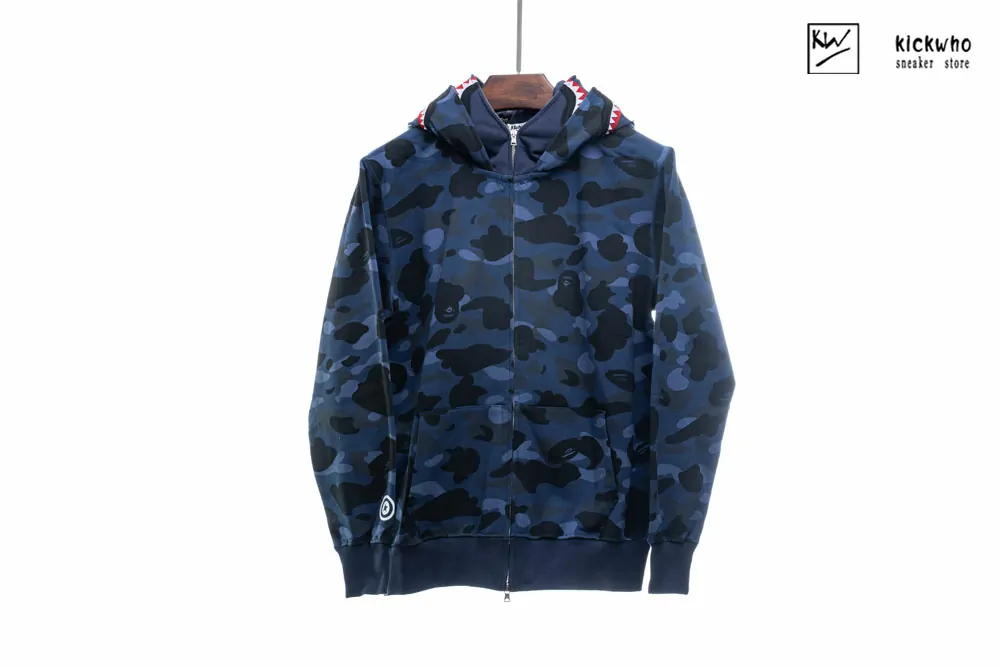 bape shark camo zip double hoodie blue