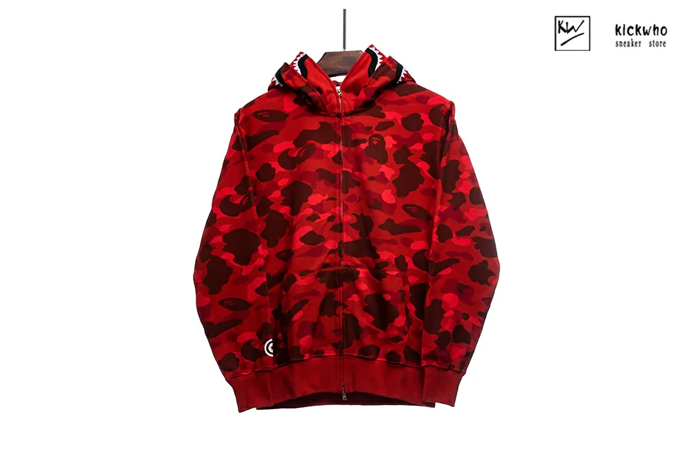 bape shark camo zip double hoodie red