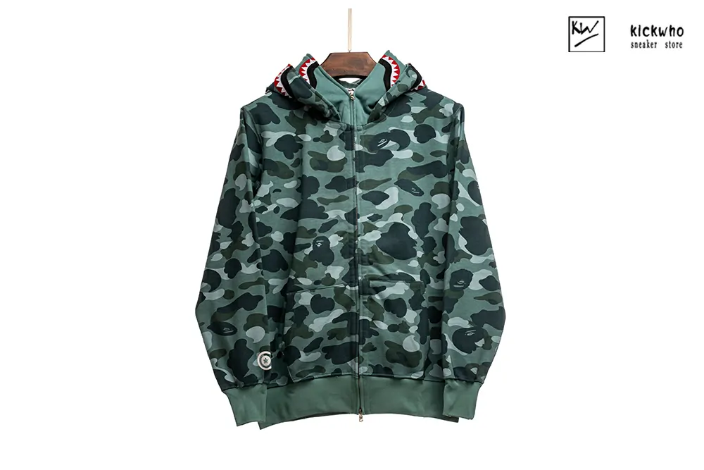 bape shark camo zip double hoodie green