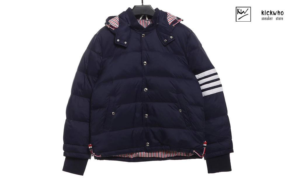 thom browne 4-bar down coat navy blue