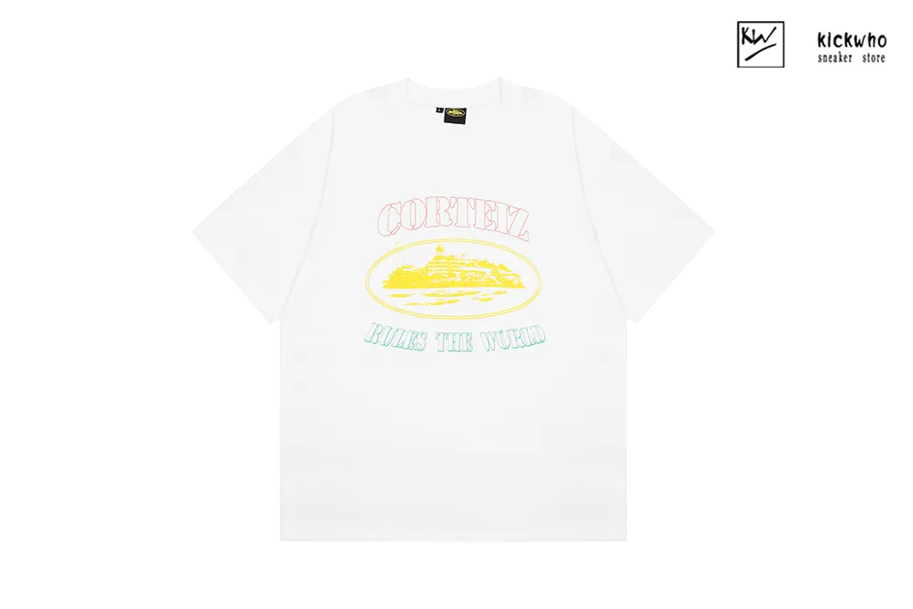 corteiz ships logo t-shirt white and yellow tricolor