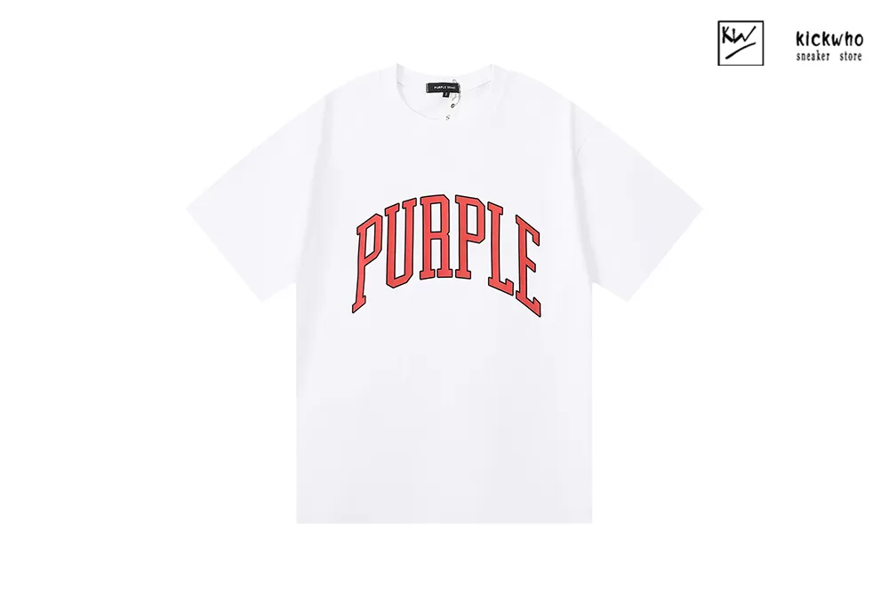 purple brand orange curved logo t-shirt white