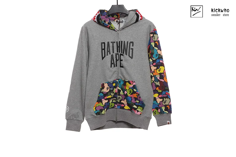 bape camouflage graffiti patchwork zippered hoodie grey